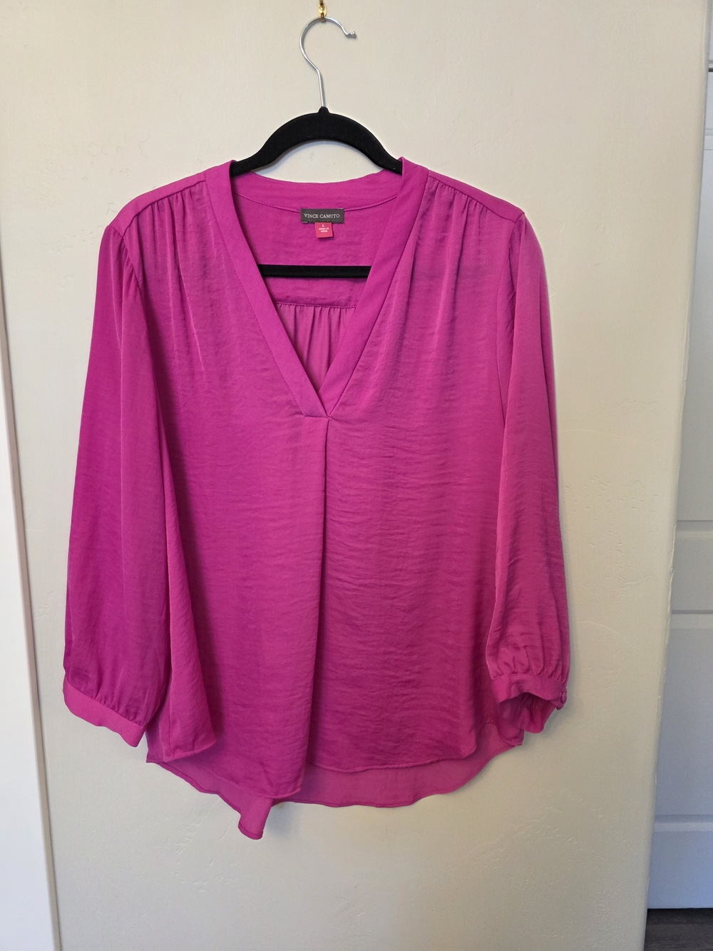 Vince Camuto V-Neck Peasant Blouse in Bright Fuchsia